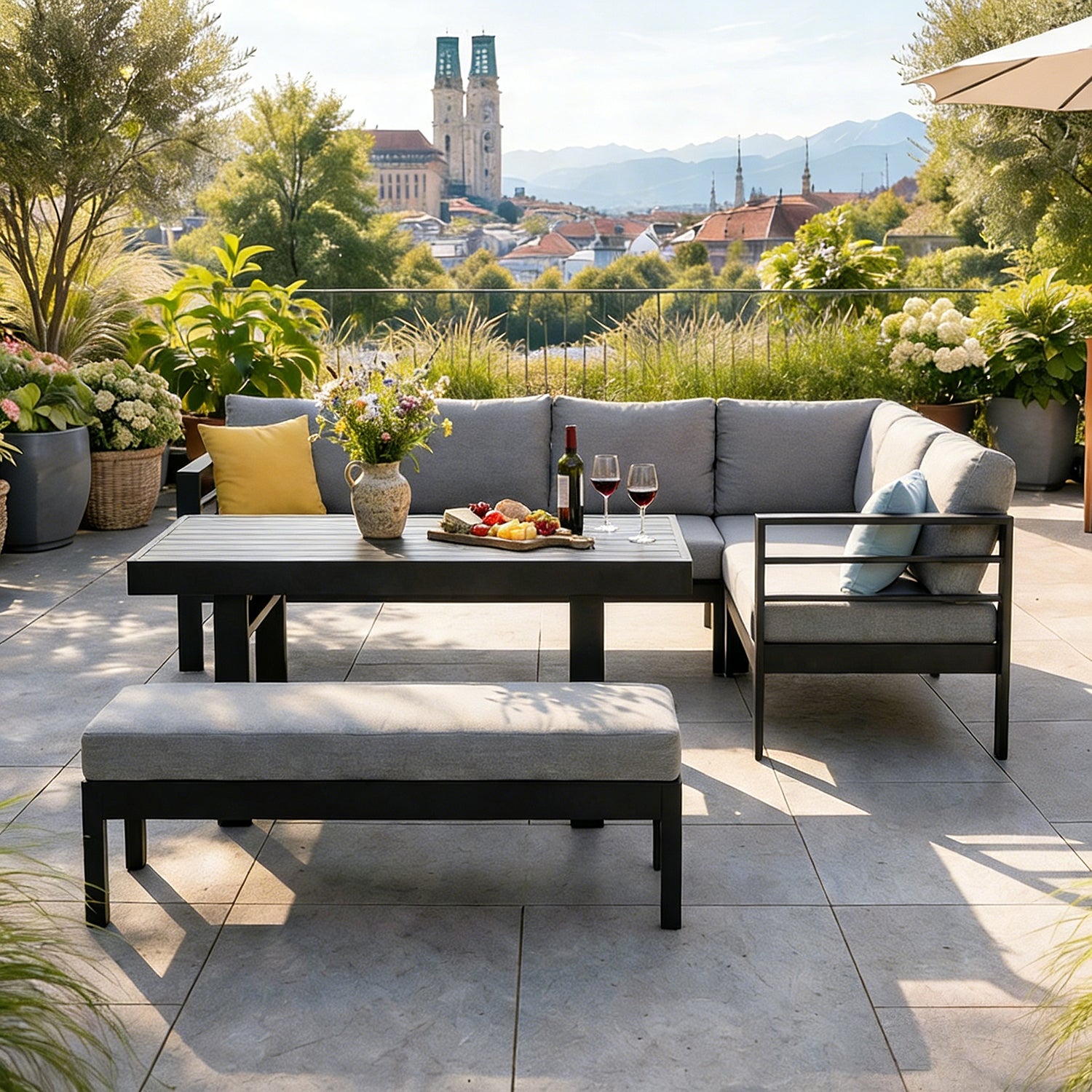LANOX Modena Aluminium Gartenlounge Set mit Tisch & Bank