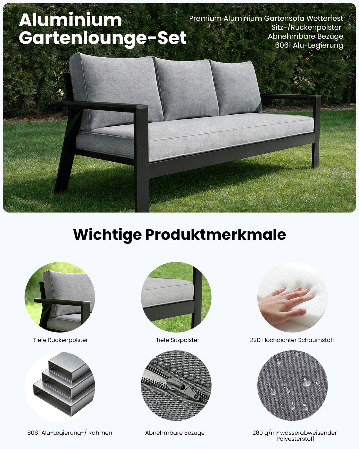 LANOX Torino Alu Gartenlounge Set 4-tlg. mit Esstisch