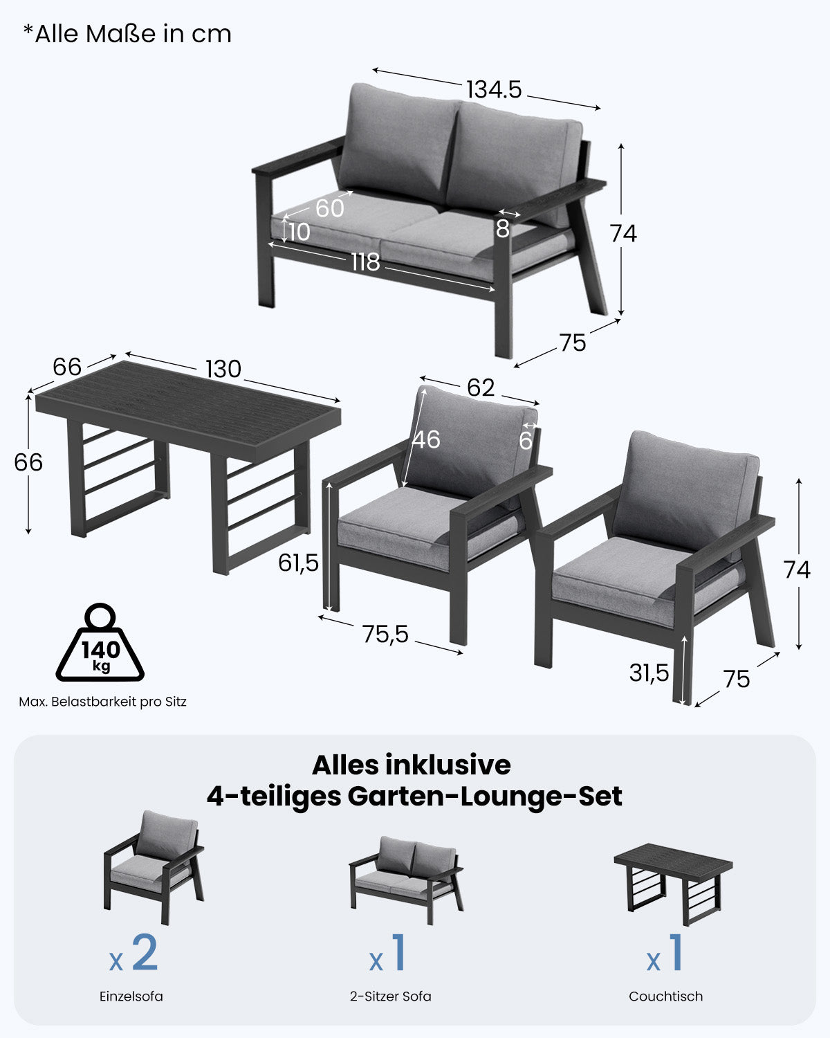 LANOX Torino Gartenlounge Set Aluminium 4-Sitzer mit Tisch