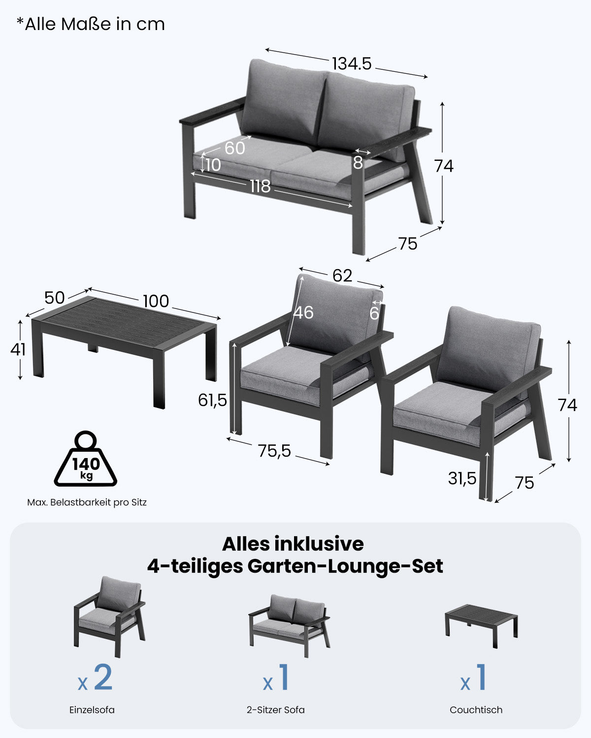 LANOX Torino Balkonmöbel Set 4 Personen mit Sofa und Tisch