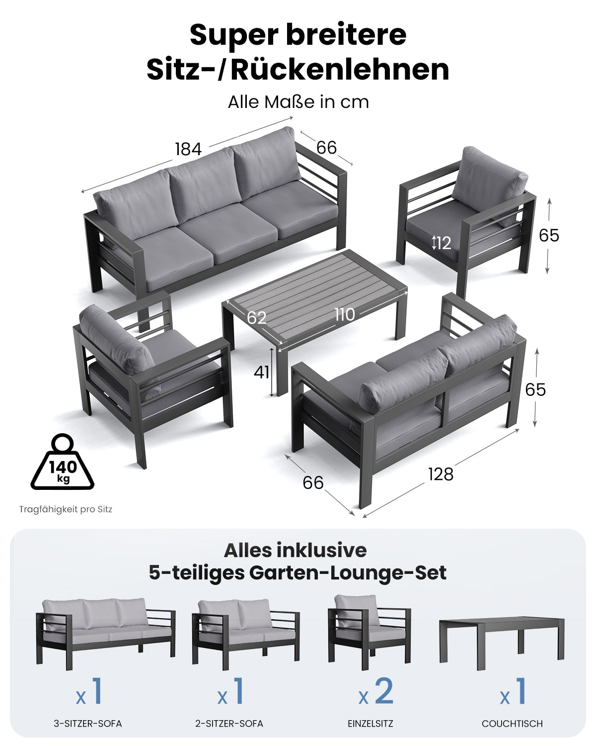LANOX Milano Gartenlounge Set Aluminium 5-tlg. für 6-7 Personen