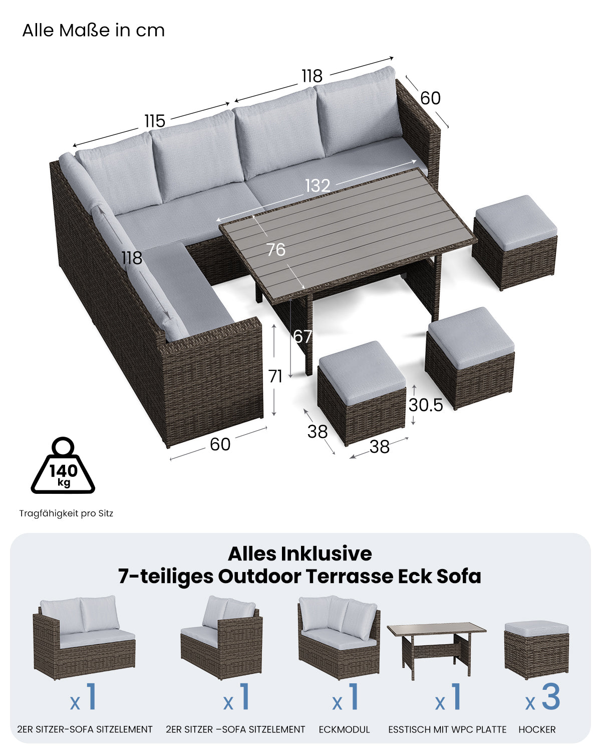 LANOX Salerno Polyrattan Gartenmöbel Set mit Esstisch