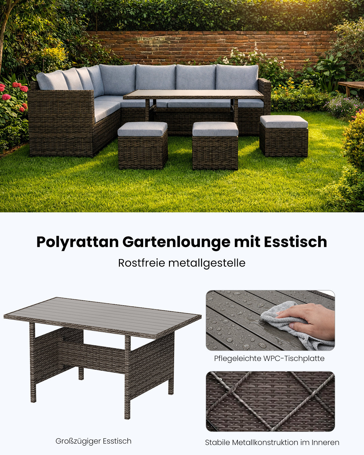 LANOX Salerno Polyrattan Gartenmöbel Set mit Esstisch